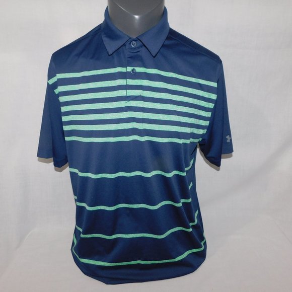 Under Armour Mens L Blue Striped Loose Heatgear Coolswitch Golf polo Shirt - Picture 1 of 11